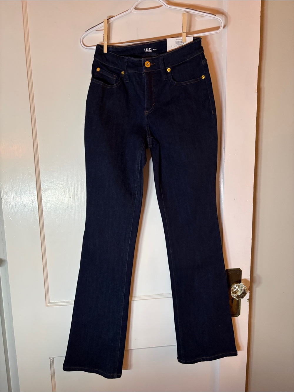 INC International Concepts Dark Indigo Bootcut Jeans with Gold Hardware